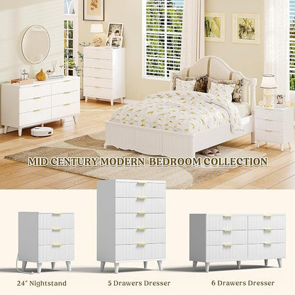 Lulive Modern Dressers and Nightstands Set 4-Piece, 6-Drawer Dresser + 2 Night Stands + 5 Drawers with Charging Station Modern Bedroom Sets Solid Wood Legs White