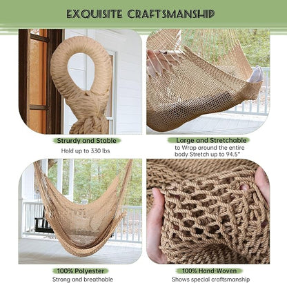 Large Hammock Chair with Hanging Straps and Hooks, Caribbean Hammock Swing Chair, XL Hammock Chair Outdoor Indoor, 330 LBS Weight Capacity, Light Brown