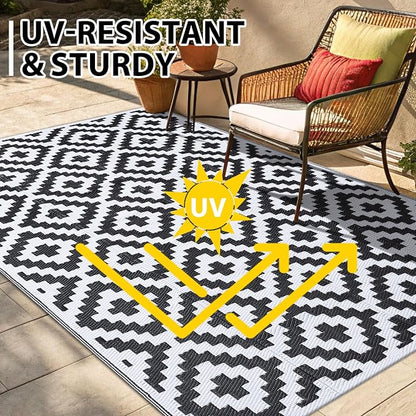 Smiry Waterproof Outdoor Rug 10X14 ft, Reversible Plastic Straw Patio Camping Rugs, Outdoor Indoor RV Mat Carpet for Patio, Outside Entry, Backyard, Deck, Bench, Picnic, Camper, Black & White