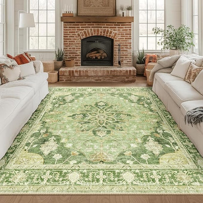 RELEANY Area Rugs Square 8ft Washable Non-Slip, Floral Vintage Distress Medallion Carpet for Living Room Bedroom Dining Room, Sage Green Yellow