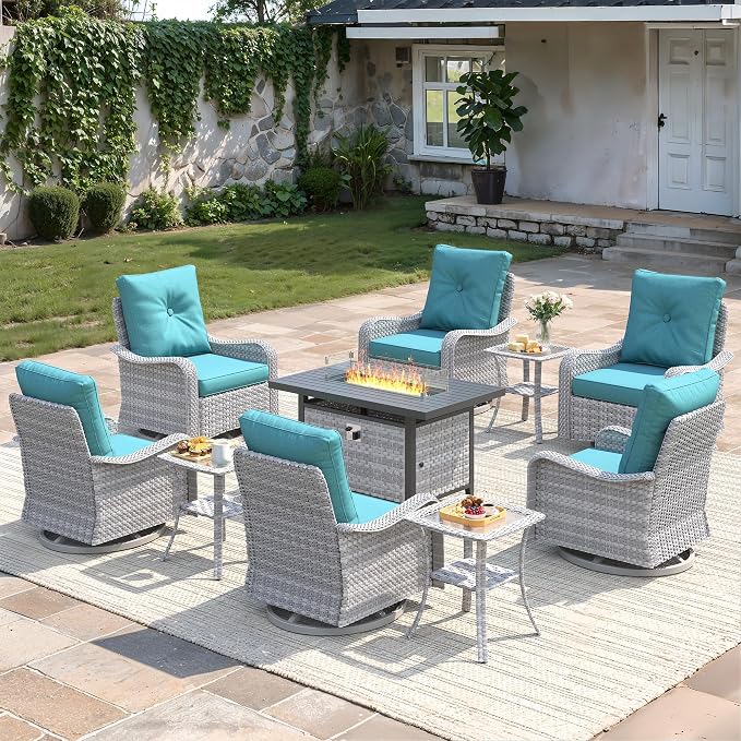 10-Piece Outdoor Conversation Set with 43" Fire Pit Table, 6 Swivel Rocking Chairs (4" Cushions) & 3 Side Tables, All-Weather PE Rattan & Steel Frame for Porch, Deck, Backyard, Turquoise