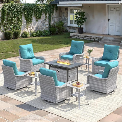 10-Piece Outdoor Conversation Set with 43" Fire Pit Table, 6 Swivel Rocking Chairs (4" Cushions) & 3 Side Tables, All-Weather PE Rattan & Steel Frame for Porch, Deck, Backyard, Turquoise