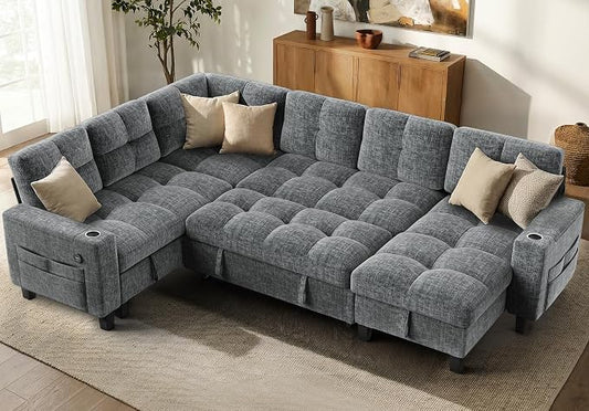 AMADA HOMEFURNISHING 110″ Modular Sectional Sleeper Sofa with Pull Out Couch, U Shaped 7 Seat Sectional Sofa with Storage, USB Ports & Cup Holders, Chenille Cloud Couches for Living Room, Light Gray