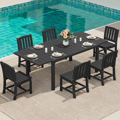 SERWALL Outdoor Patio Dining Set for 6, Black | 60" - 83" Expandable Outdoor Dining Table and 6 HDPE Chairs, All Weather Material Outdoor Furniture Set Backyard, Garden