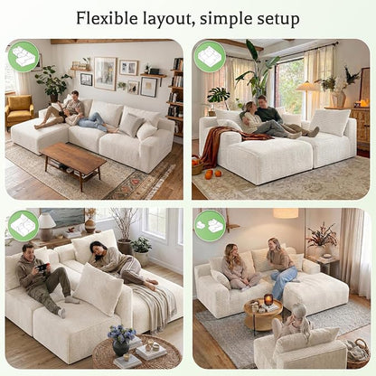 Homkdom 98" Boneless Modular Sectional Sofa, Cloud Couch with 27" Deep Seat & Oversized Chaise, L-Shaped High-Density Foam Sofa for Living Room Apartment, No Assembly Required (White, Left Facing)