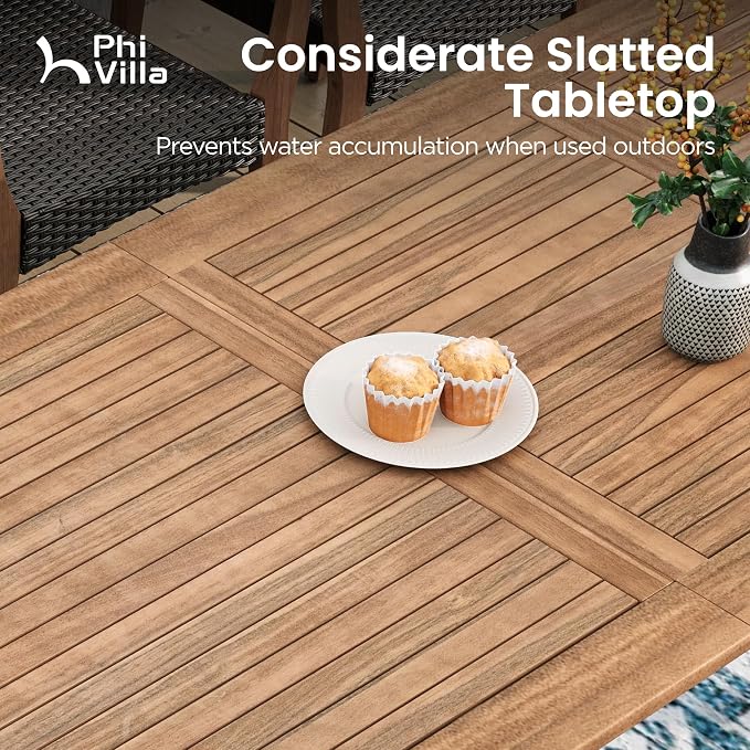 PHI VILLA Outdoor Dining Set for 6, Expandable Acacia Wood Table & Chairs | 7pc teak patio furniture set. Large farmhouse set for deck, porch, backyard.