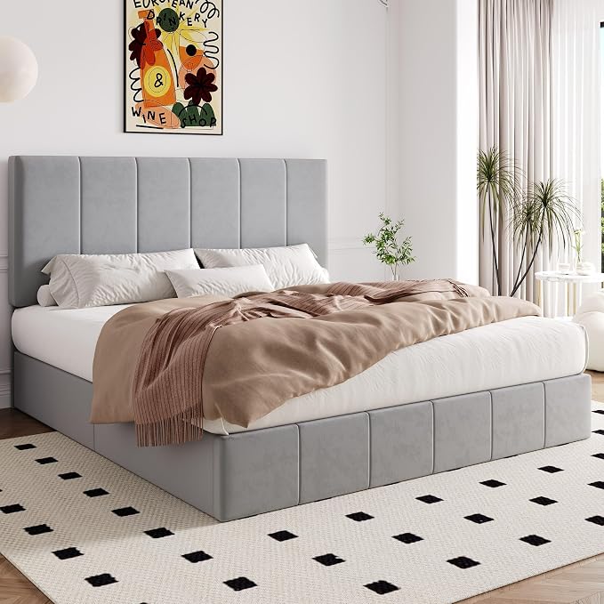 Allewie King Size Velvet Lift Up Storage Bed Frame, Vertical Channel Tufted Headboard, Hydrualic Underneath Storage, Upholstered Platform Bed, Wooden Slats Support, No Box Spring Needed, Gray