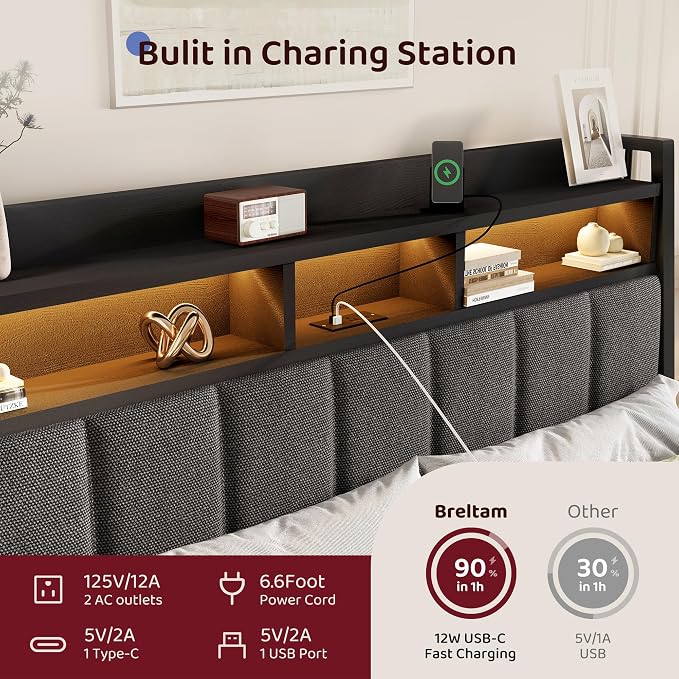 BRELTAM King Bed Frame with upholstered Headboard & Storage Drawers Metal Platform Bed Frames King Size with LED Lights Built in Charging Station,No Box Spring Needed,No Noise,Easy Assembly,Black