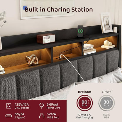 BRELTAM King Bed Frame with upholstered Headboard & Storage Drawers Metal Platform Bed Frames King Size with LED Lights Built in Charging Station,No Box Spring Needed,No Noise,Easy Assembly,Black
