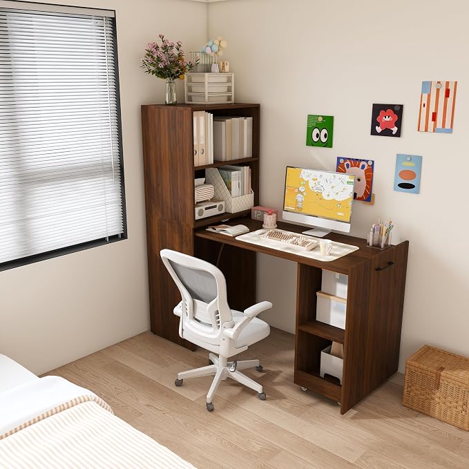 KEIKI Home Office Stretchable Desks with Storage Shelves and Mobile Wheels, Modern Wood Foldable Desk Gaming Computer Corner Table for Apartments Work, Study, Writing