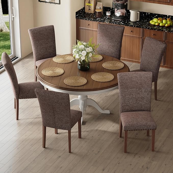 COLAMY Upholstered Parsons Dining Chairs Set of 4, Fabric Dining Room Kitchen Side Chair with Nailhead Trim and Wood Legs - Brown