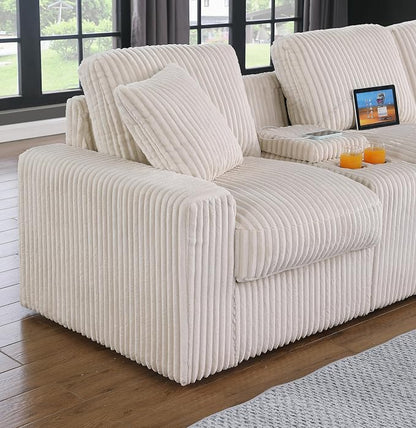 Ball & Cast 127" Modular Sectional Sofa,Modern Oversized Cloud Couch with Cup Holder&USB Port,7 Seat Convertible L-Shaped Corduroy Sofas W/Ottoman,Pillows&Storage Box,Comfy Couch for Living Room,Beige