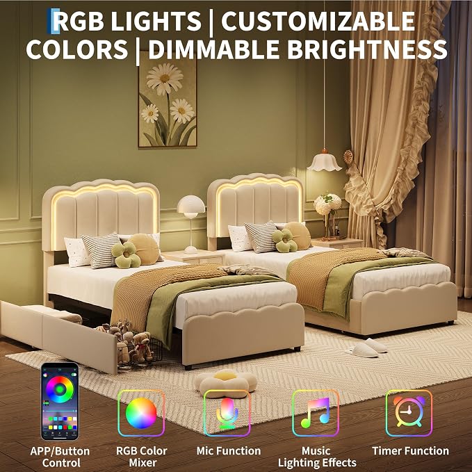 Garvee Twin Size Bed Frame with 2 Storage Drawers and LED Lights, Upholstered Platform Twin Bed with Adjustable Headboard, Wooden Slats Support, No Box Spring Needed, Easy Assembly, White