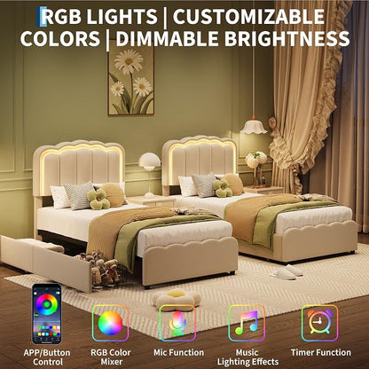 Garvee Twin Size Bed Frame with 2 Storage Drawers and LED Lights, Upholstered Platform Twin Bed with Adjustable Headboard, Wooden Slats Support, No Box Spring Needed, Easy Assembly, White