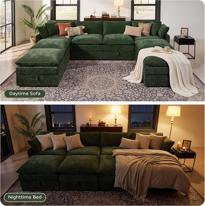 Ihanherry 135” Oversized Sectional Sofa Bed with Storage, 8-Seater Modular Cloud Couch with Movable Ottomans, Chenille Deep Seat Sleeper Couches for Living Room (Green)