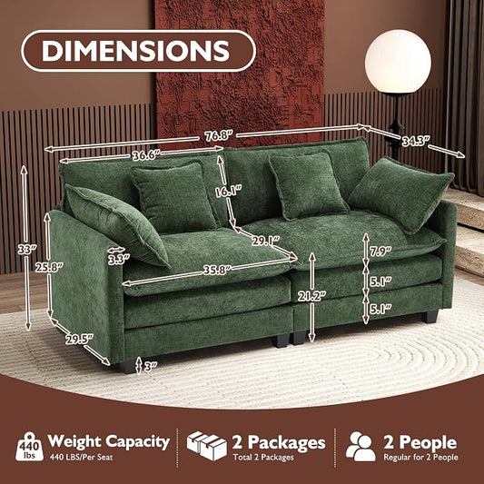Ihanherry Cloud Sofa 77 Inch Loveseat, Modern Sectional Couch, 2-Seats Sofa for Living Room Bedroom and Apartment, Comfy Double Layer Upholstered Seat Cushion, Breathable Chenille Fabric, Green