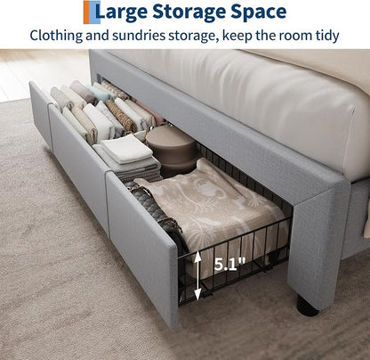 Garvee Upholstered Bed Frame Full Size with Storage Headboard and Charging Station, Platform Bed Frame with Drawers, Heavy Duty, No Box Spring Needed, Easy Assembly, Light Grey
