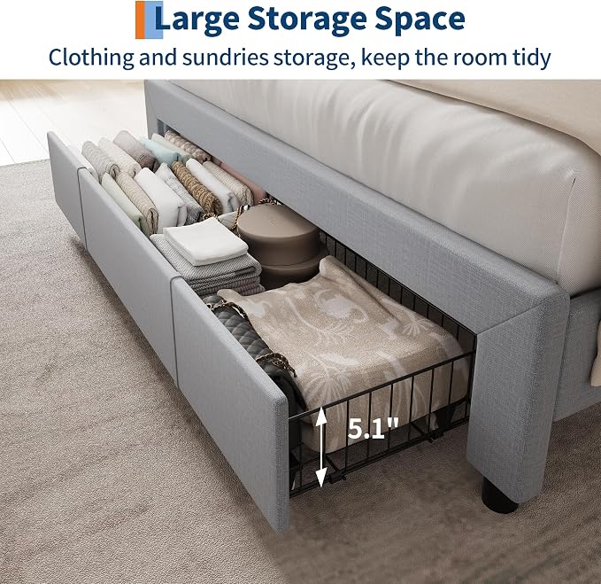 GarveeHome Upholstered Bed Frame with Storage Headboard and Charging Station, Platform Bed Frame with Drawers, Heavy Duty, No Box Spring Needed, Easy Assembly, Grey, Full Size