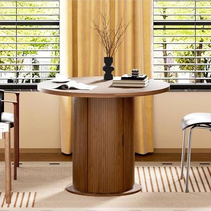 Dining Table for 4, 31“ Round Dining Room Kitchen Table with 2-Tier Storage Shelf & Wine Rack, Fluted Wood Table with Slide Door, Wood Oval Dinner Furniture(Walnut-Non Extensible, 31 Inch)