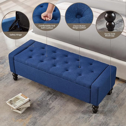 50" W Storage Ottoman Bench with Safety Hinge, Load up to 660 lb Ottoman with Storage, Upholstered Tufted Entryway Bench with Seating for Living Room, Bedroom, Entryway, Blue