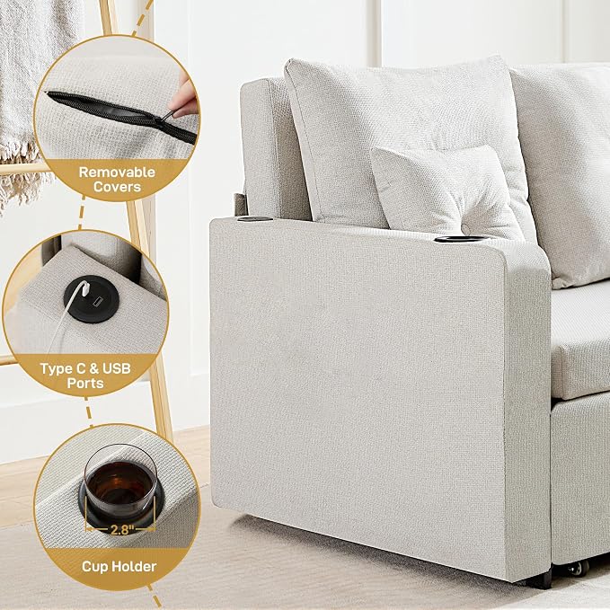 Busaurus 3 in 1 Convertible Sofa Bed, 56" Loveseat Sleeper Sofa Couch with Pullout Bed, Comfy Pull Out Sofa Bed with USB, Full Size Sleeper Sofa Bed for Living Room, Bedroom, Small Space, Beige