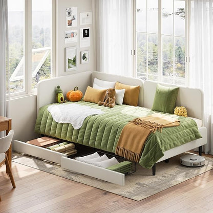 LIKIMIO Twin XL Daybed with Headboard, Corner Bed Frame with Bed Rails and Storage Drawers, Solid Support, for Bedroom Guest Room, Cream