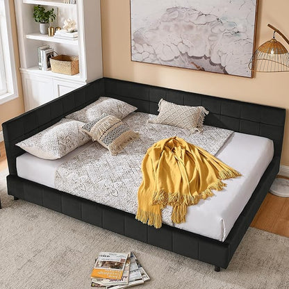 Bellemave Queen Size Corner Bed Frame with Comfortable Backrest and Armrests, Velvet Tufted Corner Bed Frame Queen Size, Upholstered Daybed for Bedroom, Living Room, Guest Room, Black