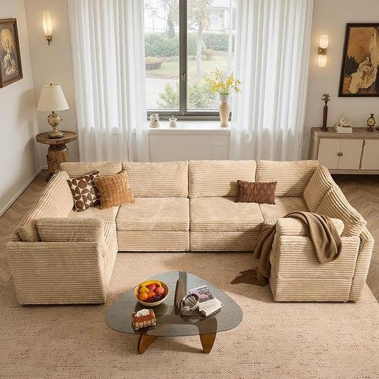 ovios Modular Sectional Sofa Couch with U-Shape Chaises Convertible, Comfy Plush Corduroy Cloud Couches, Modern Luxury Deep Seat Sofas Set for Living Room, 6-Seater, Beige