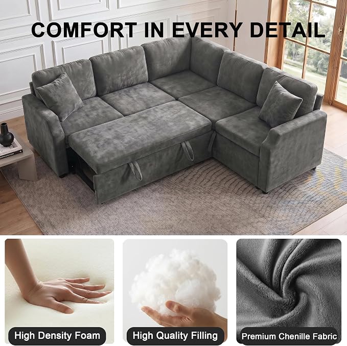 ROCANT 82 inch Modular Sectional Couch with Pull Out Bed, 5-Seat L-Shaped Chenille Sleeper Sofa with Reversible Chaise and 2 Pillows, Grey