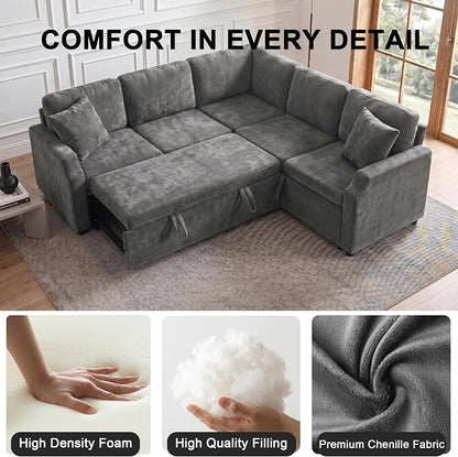 ROCANT 82 inch Modular Sectional Couch with Pull Out Bed, 5-Seat L-Shaped Chenille Sleeper Sofa with Reversible Chaise and 2 Pillows, Grey