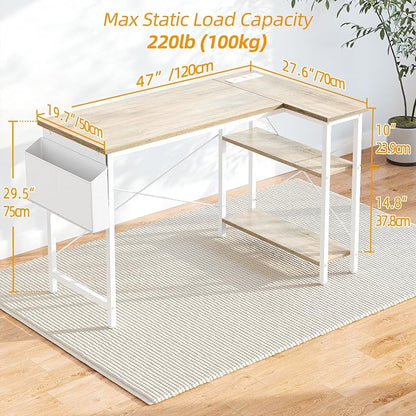 TIQLAB L Shaped Computer Desk with Power Outlets, 40 Inch Small Corner Desk with Reversible Shelves, Gaming Desk Computer Table Study Writing Table for Home Office Bedroom Small Space, Maple