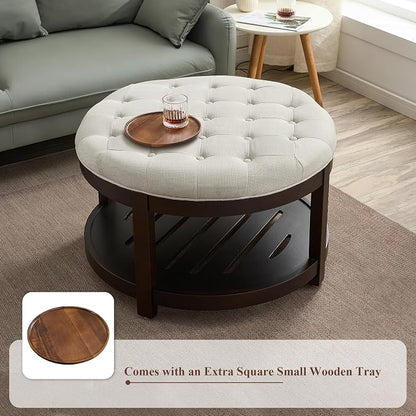 adochr Round Coffee Tables for Living Room,33’’ Storage Ottoman with Wooden Tray, Upholstered Ottoman Footrest, Beige
