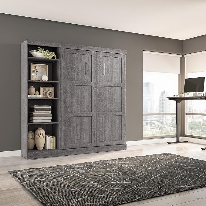 Bestar Pur Full Murphy Bed with Shelving Unit, 84-inch Space-Saving Wall Bed for Multipurpose Room