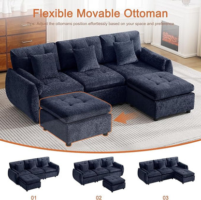 112" U Shaped Modular Sectional Cloud Sofa with 2 Ottomans, Oversized Deep Seat Tufted Chenille 6-Seater Couch with Curved Arms, Upholstered Sofas for Living Room, Blue
