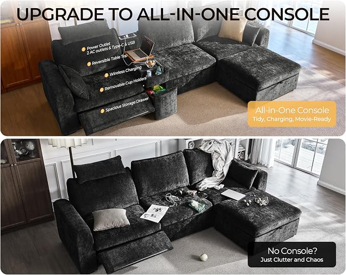 169.7" Oversized Modular Power Recliner Sofa with Headrest, Wall Hugger Cloud Reclining Couch, Drawer Charging Cup Holders, Deep 7-Seater Sectional with Corner and Storage Ottoman, Chenille, Black