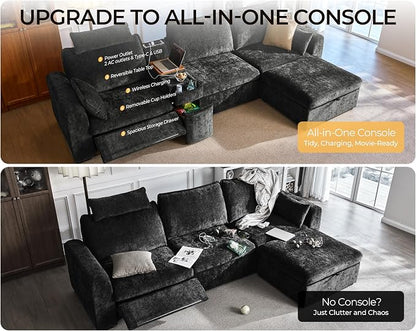 169.7" Oversized Modular Power Recliner Sofa with Headrest, Wall Hugger Cloud Reclining Couch, Drawer Charging Cup Holders, Deep 7-Seater Sectional with Corner and Storage Ottoman, Chenille, Black