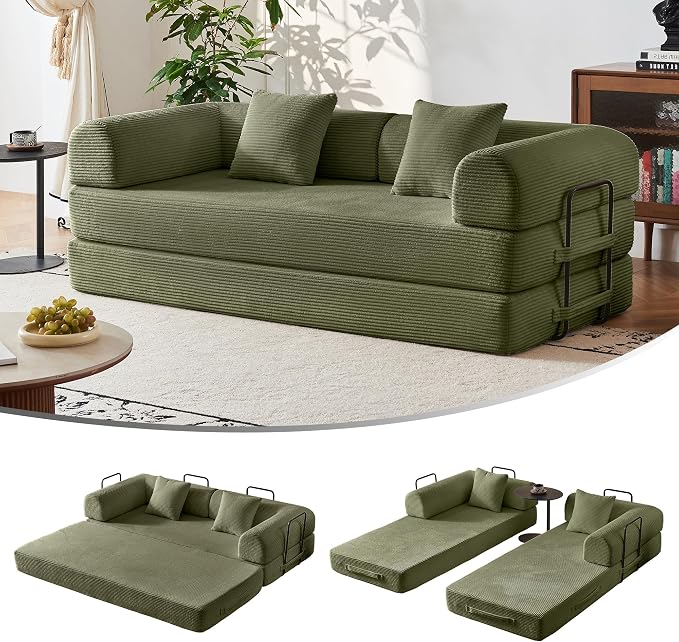 79" 5-in-1 Convertible Sofa Bed No Assembly, Boneless Couch Bed with High Density Foam, Foldable Sleeper Sofa, Corduroy Modular Couch for Apartment, Studio, Dorm Room, Small Space, Light Green
