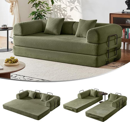 79" 5-in-1 Convertible Sofa Bed No Assembly, Boneless Couch Bed with High Density Foam, Foldable Sleeper Sofa, Corduroy Modular Couch for Apartment, Studio, Dorm Room, Small Space, Light Green