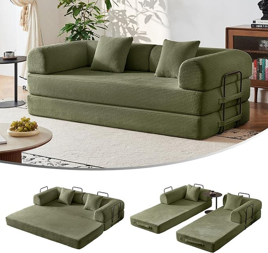 79" 5-in-1 Convertible Sofa Bed No Assembly, Boneless Couch Bed with High Density Foam, Foldable Sleeper Sofa, Corduroy Modular Couch for Apartment, Studio, Dorm Room, Small Space, Light Green