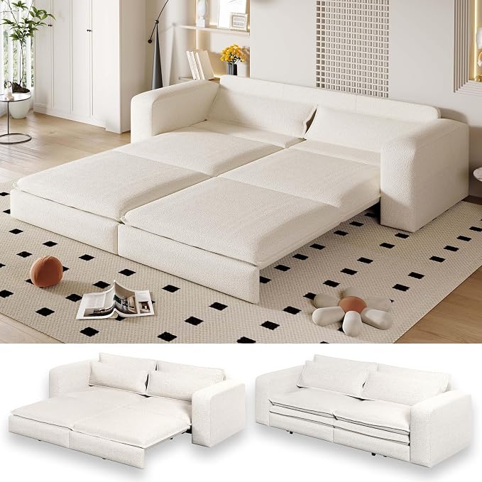 93" King Pull Out Sofa Bed, Boucle Sleeper Sofa Couch, Modern Wide Armrest, 3 in 1 Convertible Futon Couches for Living Room, Small Space, Apartment, Bedroom, Office, Beige