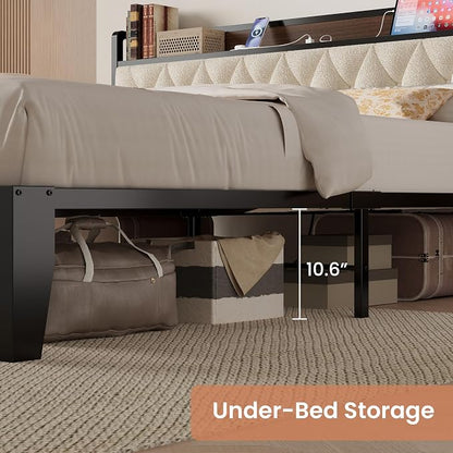 ANCTOR California King Bed Frame, Storage Headboard with Charging Station, Platform Bed Frame with Strong Metal Support, Sturdy and Stable, Noise Free, No Box Spring Needed, Easy Assembly, Walnut
