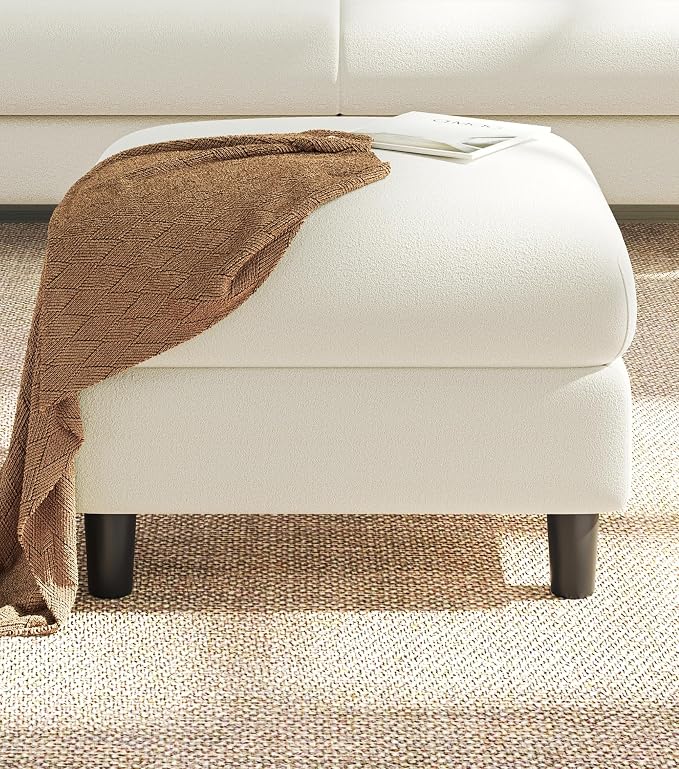 Welzona Teddy Storage Ottoman, 26.7" Large Living Room Ottoman, All-Wood Coffee Table Ottomans with Storage, Tool-Free Setup Ottomans for Living Room, Bench for Bedroom, Beige