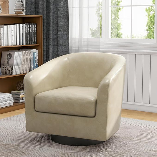 360° Swivel Barrel Accent Chair Armchair, Faux Leather Modern Round Club Arm Chair Upholstered Single Sofa Seating Corner Nook Side Reading Seat for Living Room, Office, Bedroom - Cream