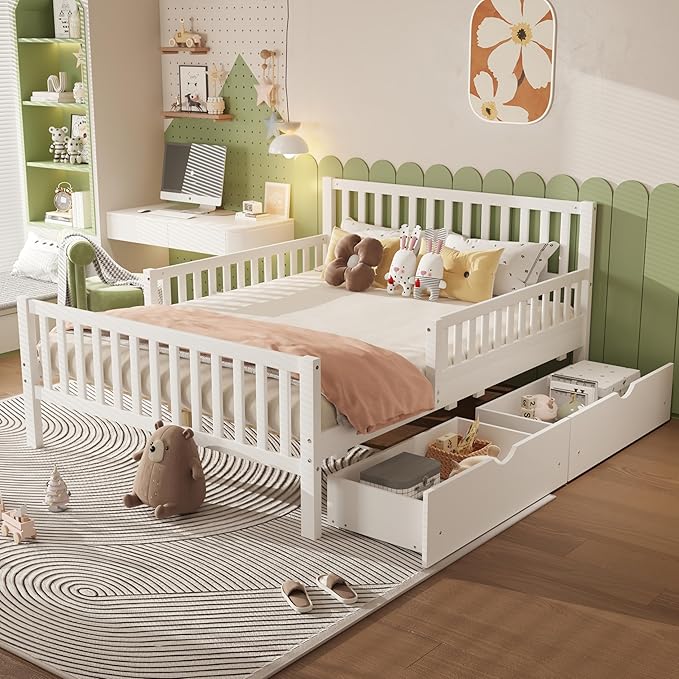 Bellemave Full Size Kids Platform Bed with Fences and 2 Drawers, Wooden Full Bed Frame with Guardrails on Both Sides for Boys Girls, White