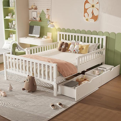 Bellemave Full Size Kids Platform Bed with Fences and 2 Drawers, Wooden Full Bed Frame with Guardrails on Both Sides for Boys Girls, White