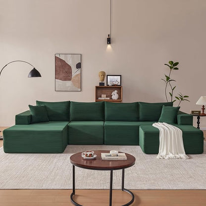 Mangodan 140” Cloud Sectional Couch, Modular Sectional Sofa with Deep Seat, Boneless Sofa for Living Room, Fluffy Comfy U-Shaped Couch with Left Facing Chaise, No Assembly Required, Green