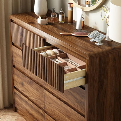LYNSOM Walnut Fluted 8 Drawer Dresser, 50" Wide Wooden Chest of Drawers for Bedroom, Curved Profile Design, Mid Century Modern Dresser Storage Organizer Closet for Living Room, Hallway, Entryway
