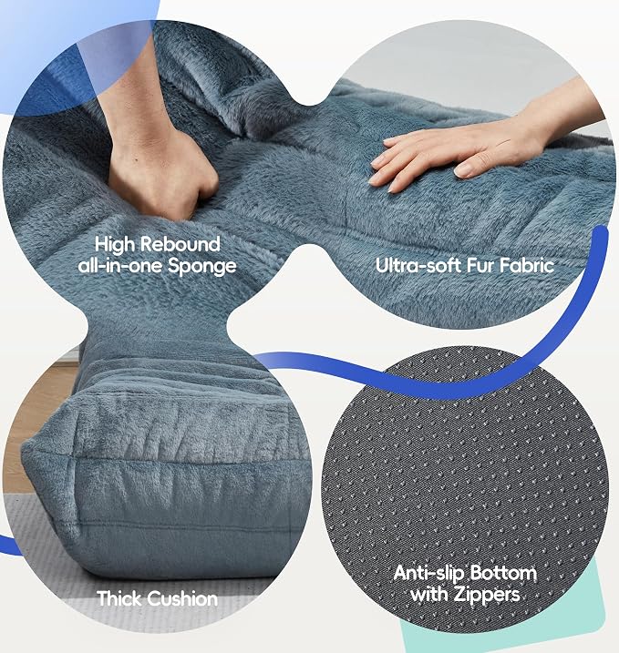 Hobestluk Medium Bean Bag Chair Faux Fur Fabric BeanBag Couch for Playroom | Bluegrey Plush,Ergonomic Design,Memory Foam,Strong Supportive,No Assembly Required,Decorative Style for Living Room Bedroom