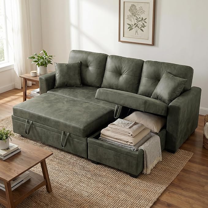 TYBOATLE Convertible Sofa Bed Couch with Reversible Storage Chaise, 71" L Shaped Pull Out Couch Bed, Comfy Linen Fabric Sleeper Sofa for Living Room, Apartment & Guest Room (Green)