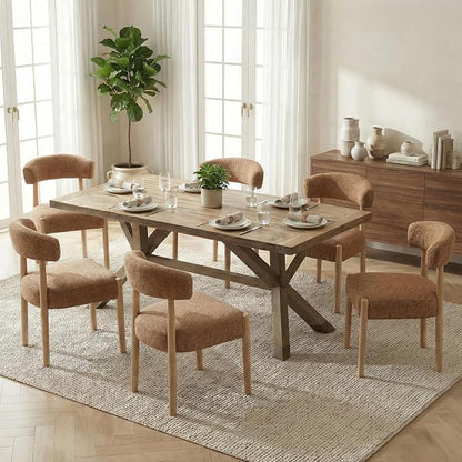 VKNOW Wooden Dining Chairs Set of 4 with Curved Open Back, Orange | Natural Rubberwood Legs, Soft Chenille Fabric, Thickened Cushion, For Adults and Family, Dining Room, Kitchen, No Wobble
